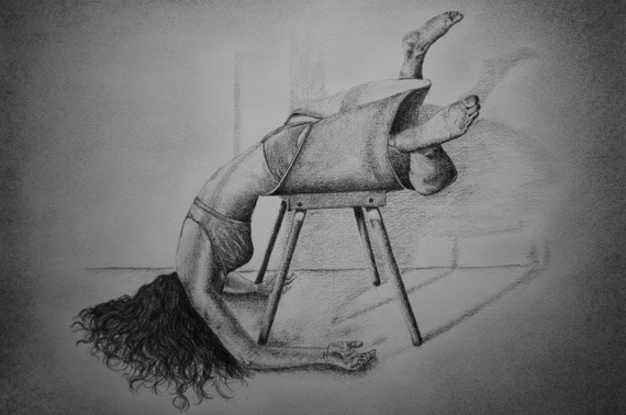 A charcoal drawing of a girls body thrown over a chair by Daniela Hernández Bernal