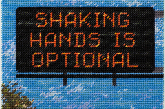 A beaded landscape of a traffic sign that says "shaking hands is optional"