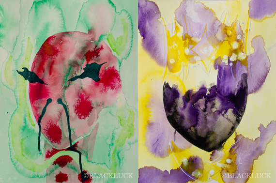 Watercolor paintings of an abstract face and an iris